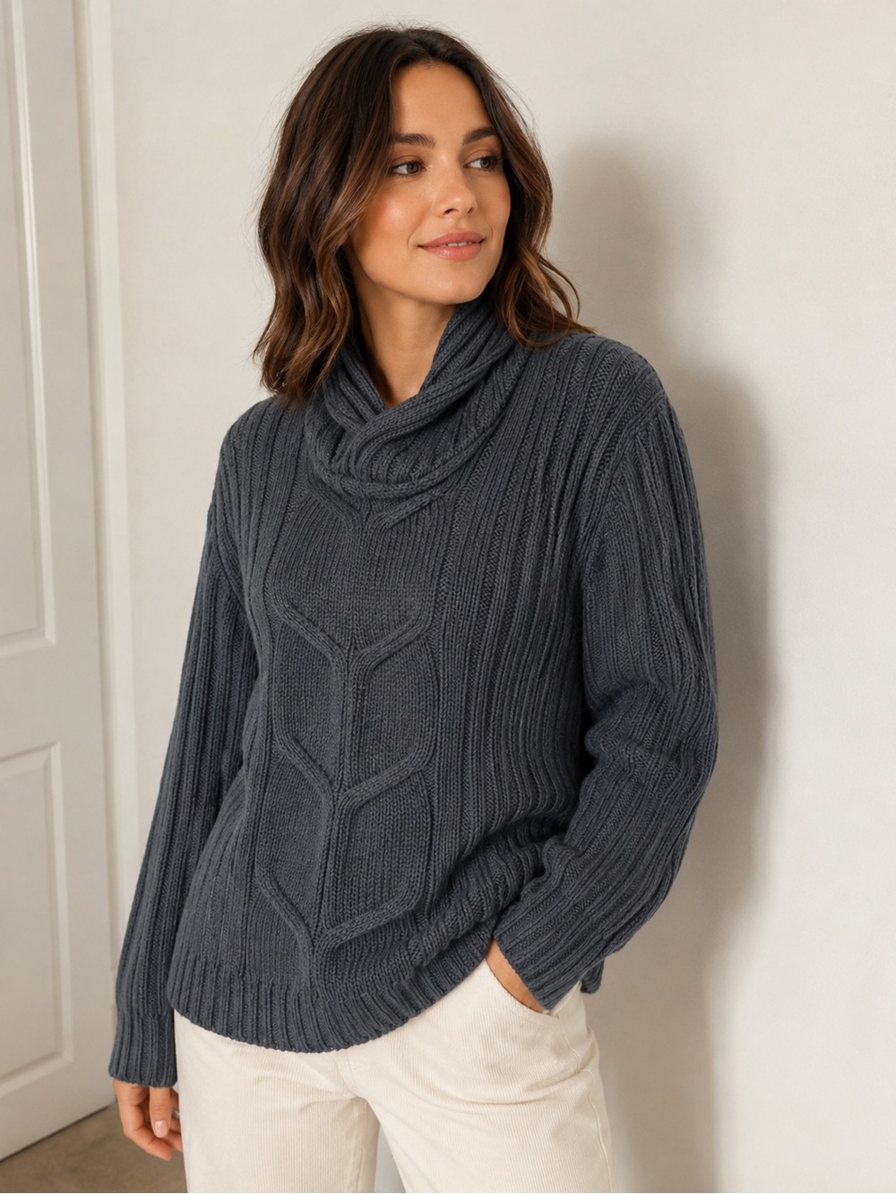 Chunky Cowl Neck Sweater XL Cozy Knit Pullover Oversized Neutral Winter